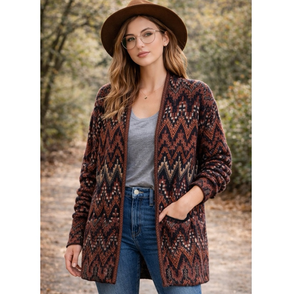 Lucky Brand Ikat Knit Aztec Cardigan Long Sleeve Slouchy Boho Open Front Small